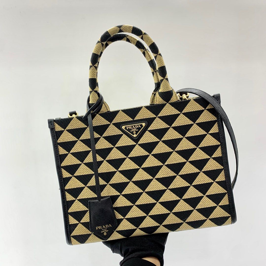 Black/beige Prada Symbole Embroidered Fabric Bag