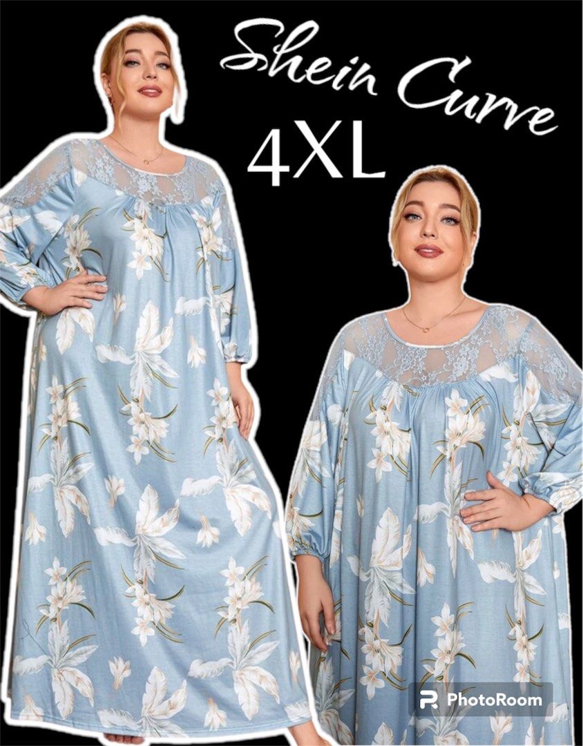 Shein Curve Plus size Blue Floral laced/mesh Maxi dress/ Maxi sleepwear,  Women's Fashion, Dresses & Sets, Dresses on Carousell