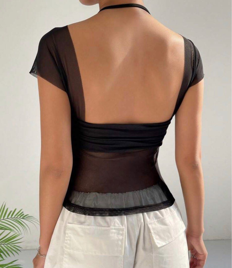 Shein Ruched Mesh Top Black, Fesyen Wanita, Pakaian Wanita, Atasan di  Carousell