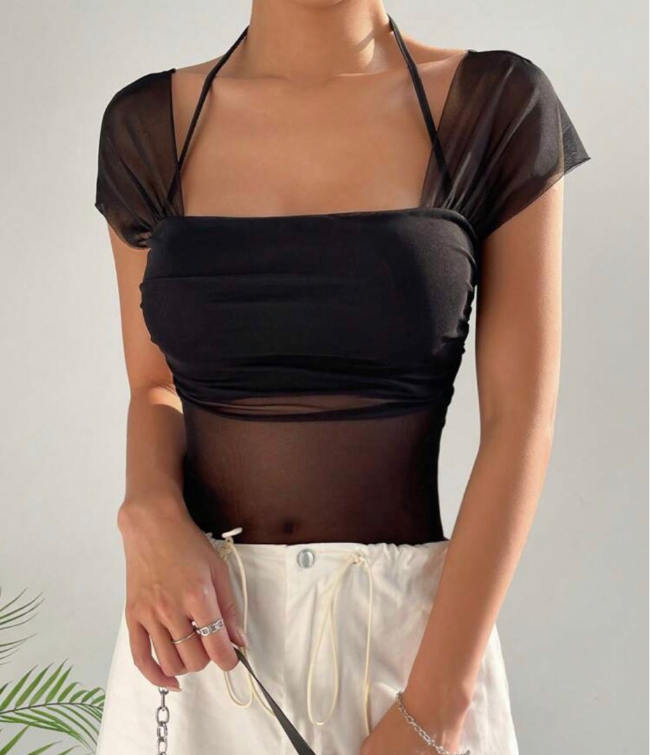 Shein Ruched Mesh Top Black, Fesyen Wanita, Pakaian Wanita, Atasan di  Carousell