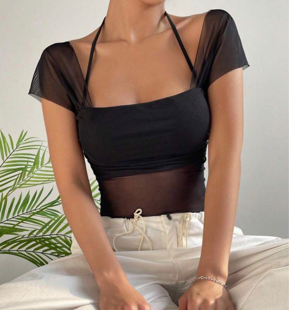 Shein Ruched Mesh Top Black, Fesyen Wanita, Pakaian Wanita, Atasan di  Carousell
