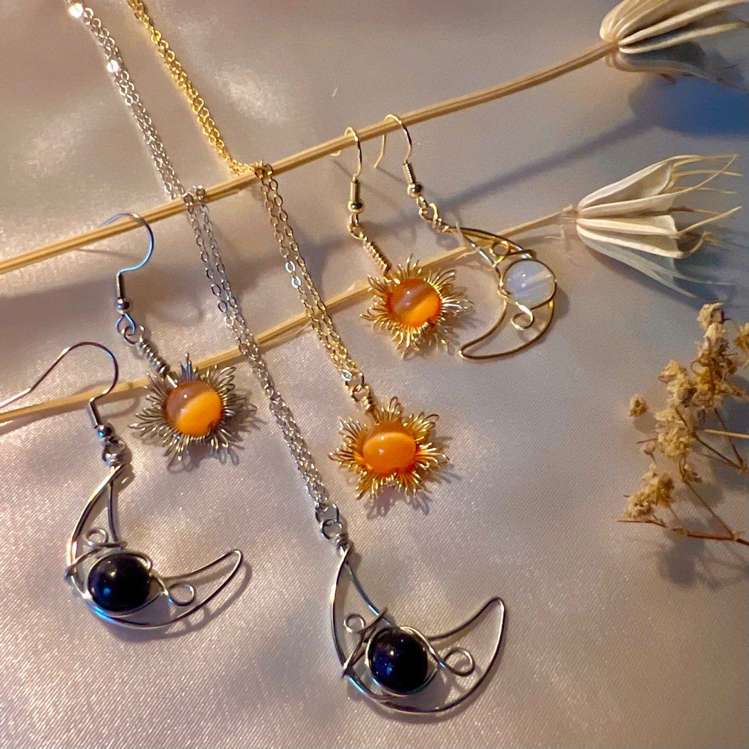 Sun Moon crystal earrings handmade opalite orange cat eye