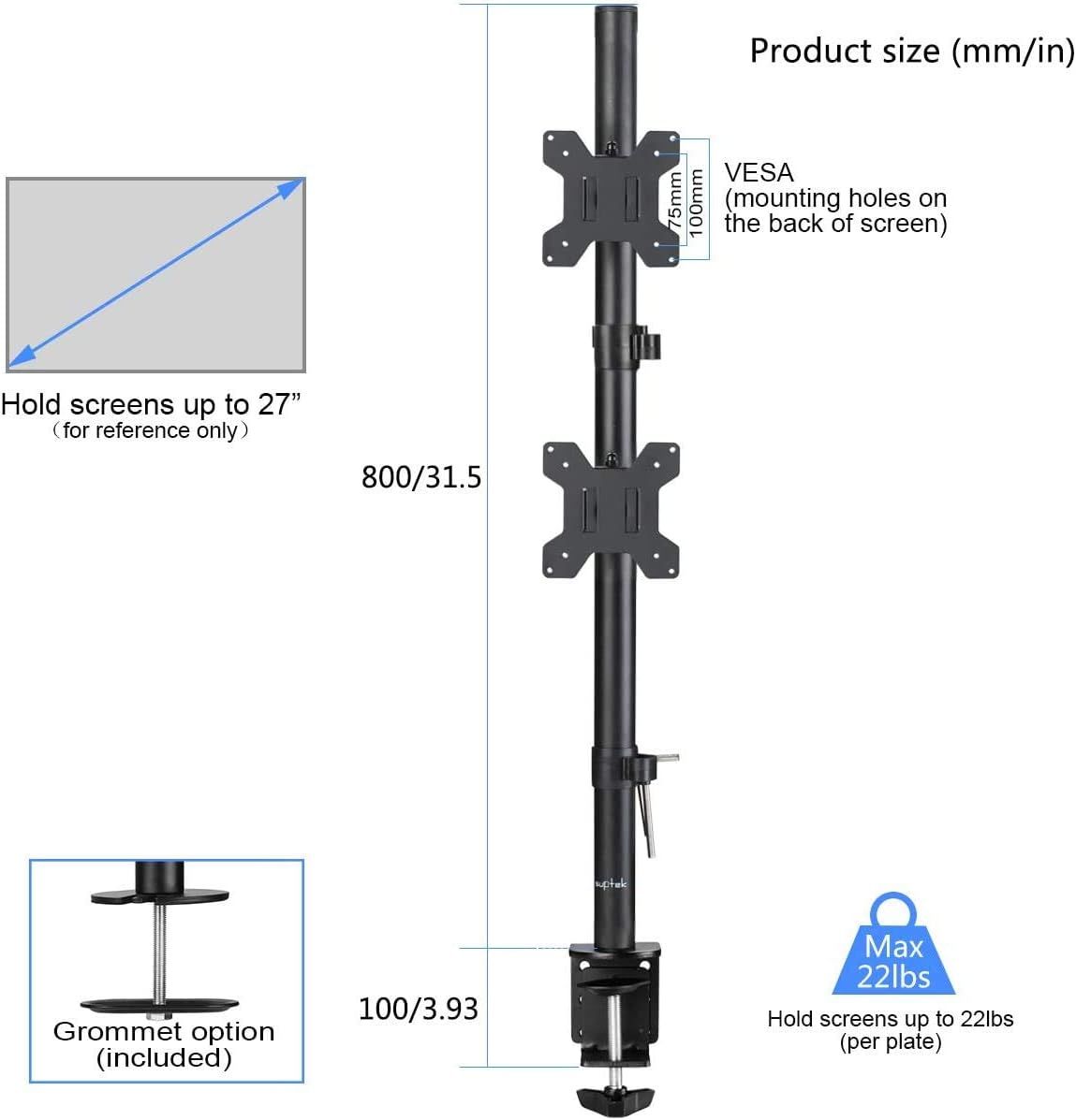 Suptek Dual LED LCD Monitor Stand up Desk Mount for 2 / Two