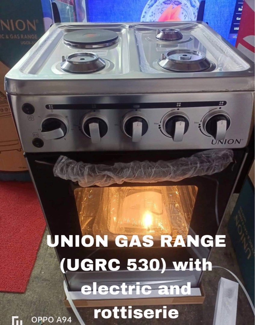 UNION WITH ELECTRIC GAS RANGE (Category: Other Home Appliances) located in Dasmarinas. Submitted by arjay0180 (Listing ID 1249503179, Image 1). Description: 📣‼️SALE LIMITED OFFER ONLY‼️UNION GAS RANGE (UGRC 530)SALE‼️ ‼️FOR ONLY 10,700‼️ Model : UGCR 530 Specs : ✅Stainless steel cooktop for easy cleaning ✅40x50cm cooking range ✅3 gas burners with automatic ignition and 1 electric hot plate ✅Individual control knob ✅63L Oven gross capacity ✅Gas o