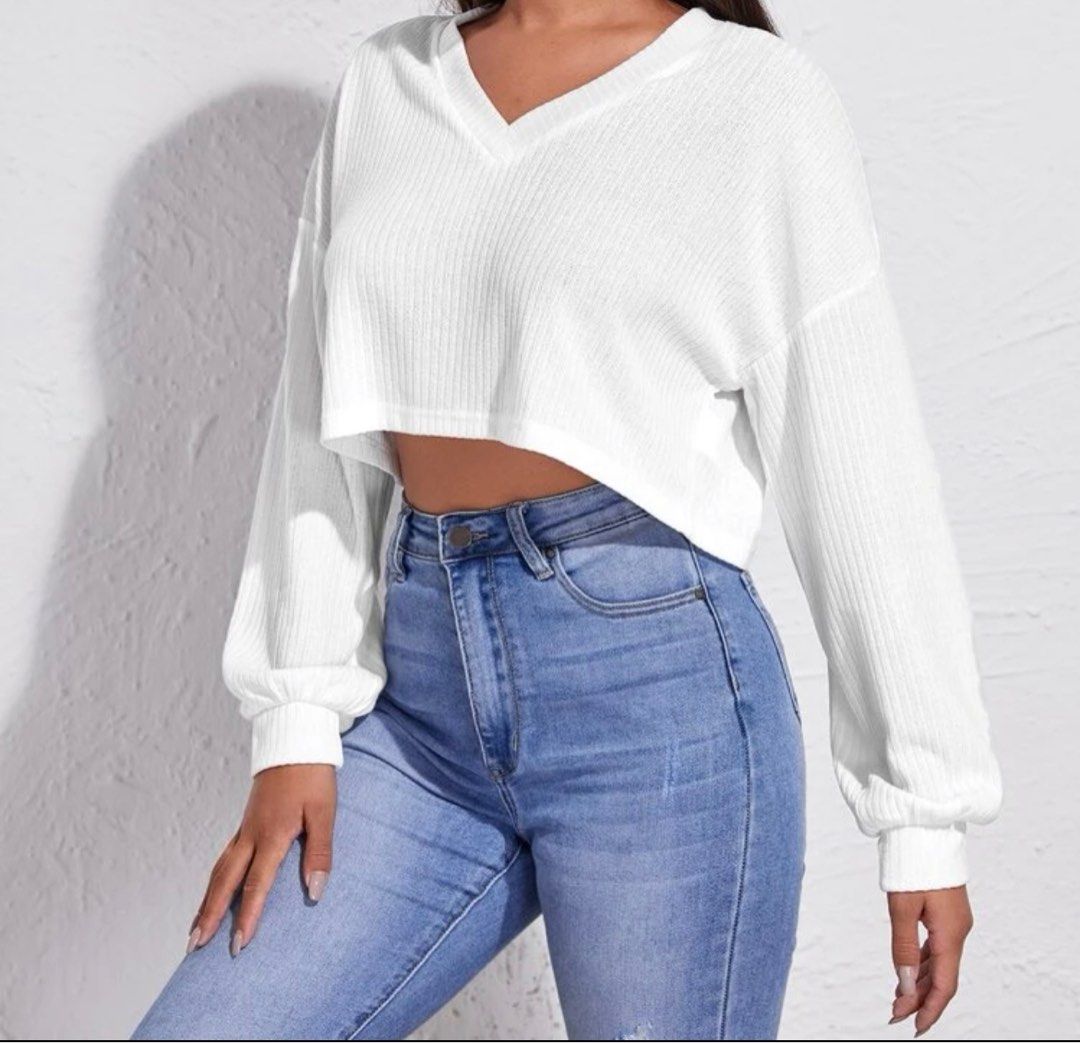 White Long Sleeve Crop Top Women s Fashion Tops Longsleeves on