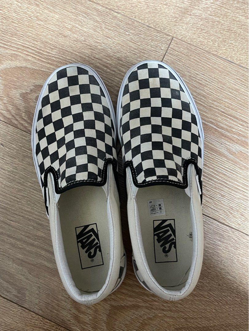 vans grey checkered slip ons