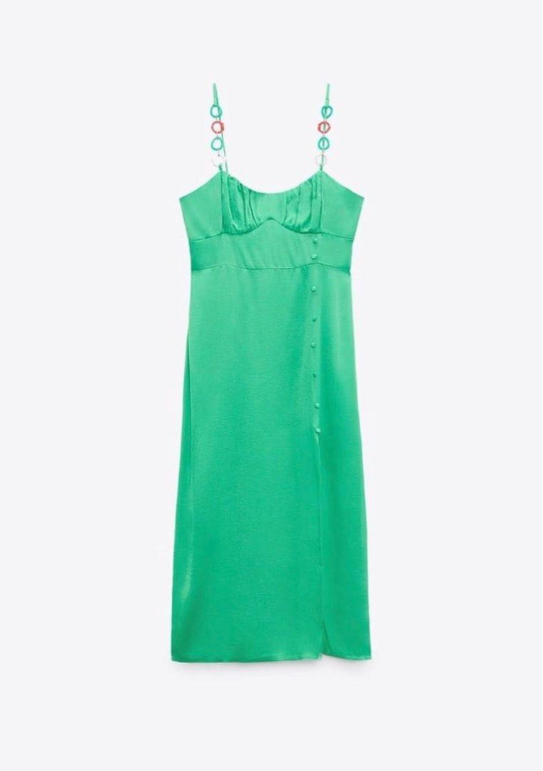 zara green chain dress Zara Green silky Pattern dress Evening wrap style buckle L – Thrift Nature  Closet Ja