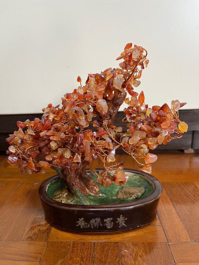 貴石で作ったミニ盆栽オブジェ、中国七宝焼-