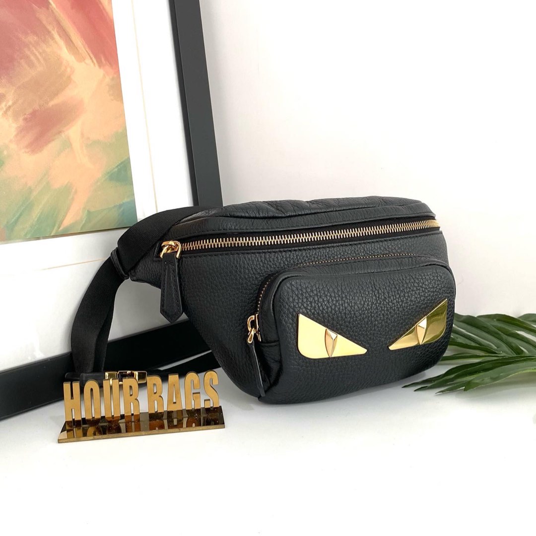 Authentic Fendi Black Color Leather Gold Monster Eye Plate