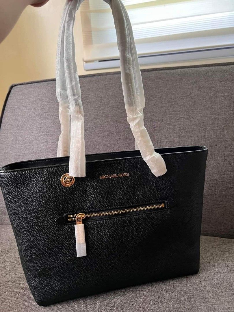 Michael Kors Jet Set Medium Leather Front Pocket Zip Chain Tote Bag Purse  in Black