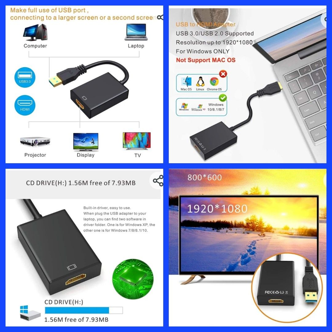 Usb To Hdmi Adapter,usb 3.0/2.0 To Hdmi 1080p Video Graphics Cable  Converter With Audio Compatible With Pc Laptop Projector Hdtv Compatible  With Windo