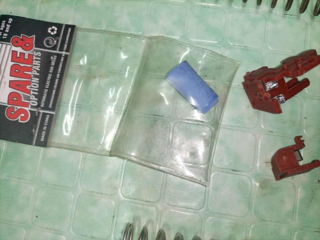 Airsoft parts (Category: Action & Battle Toys) located in Manila. Submitted by abumusamus (Listing ID 1249657944, Image 3). Description: 2 pcs. Trigger switch Yung Isa Bago Yung Isa slight use, spring di ko matandaan Yung Isa ano fps Yung Isa stock spring ng JGmp5, hop up chamber/ rubber/ piston ng JGMp5 600 na lang lahat bawas Kalat Sta Mesa Manila call or pm salamat.