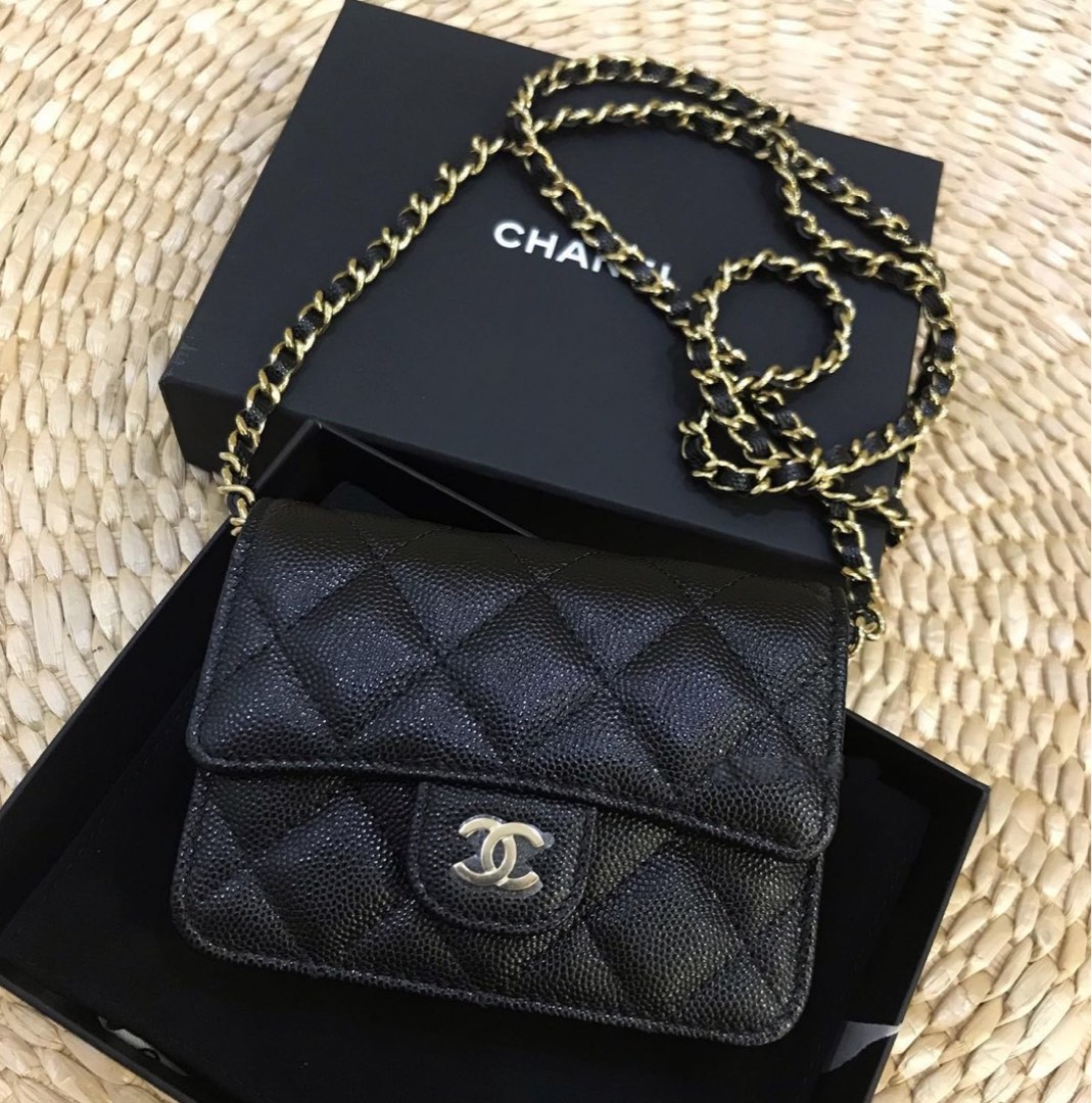 AUTHENTIC CHANEL MINI CLUTCH FLAP WITH CHAIN, CAVIAR BLACK GHW