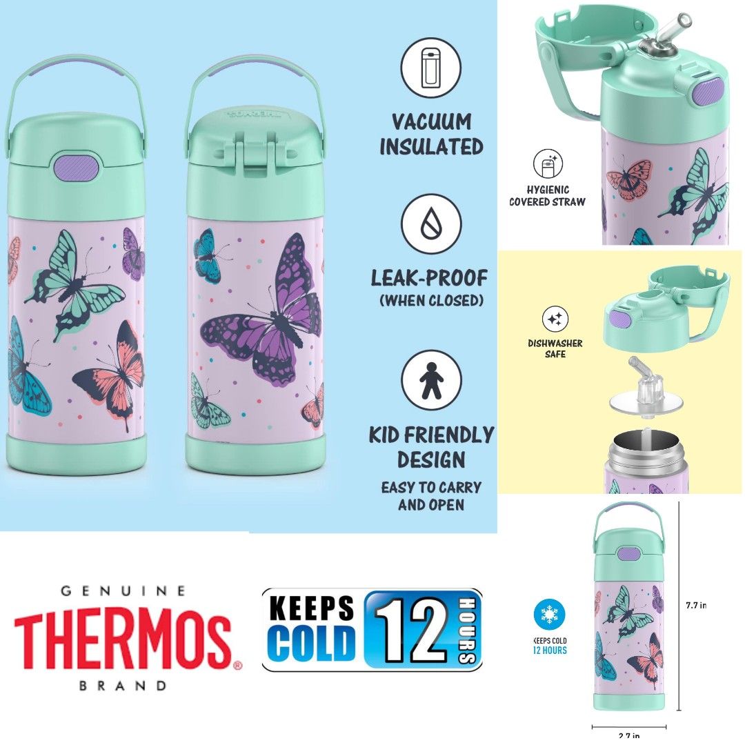 THERMOS FUNTAINER 12 Ounce Stainless Steel Vacuum Insulated Kids Straw  Bottle, Butterfly Frenzy