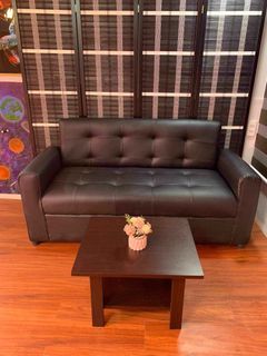 Black leather sofa 3 seater with wood table uratex foam /COD only !!