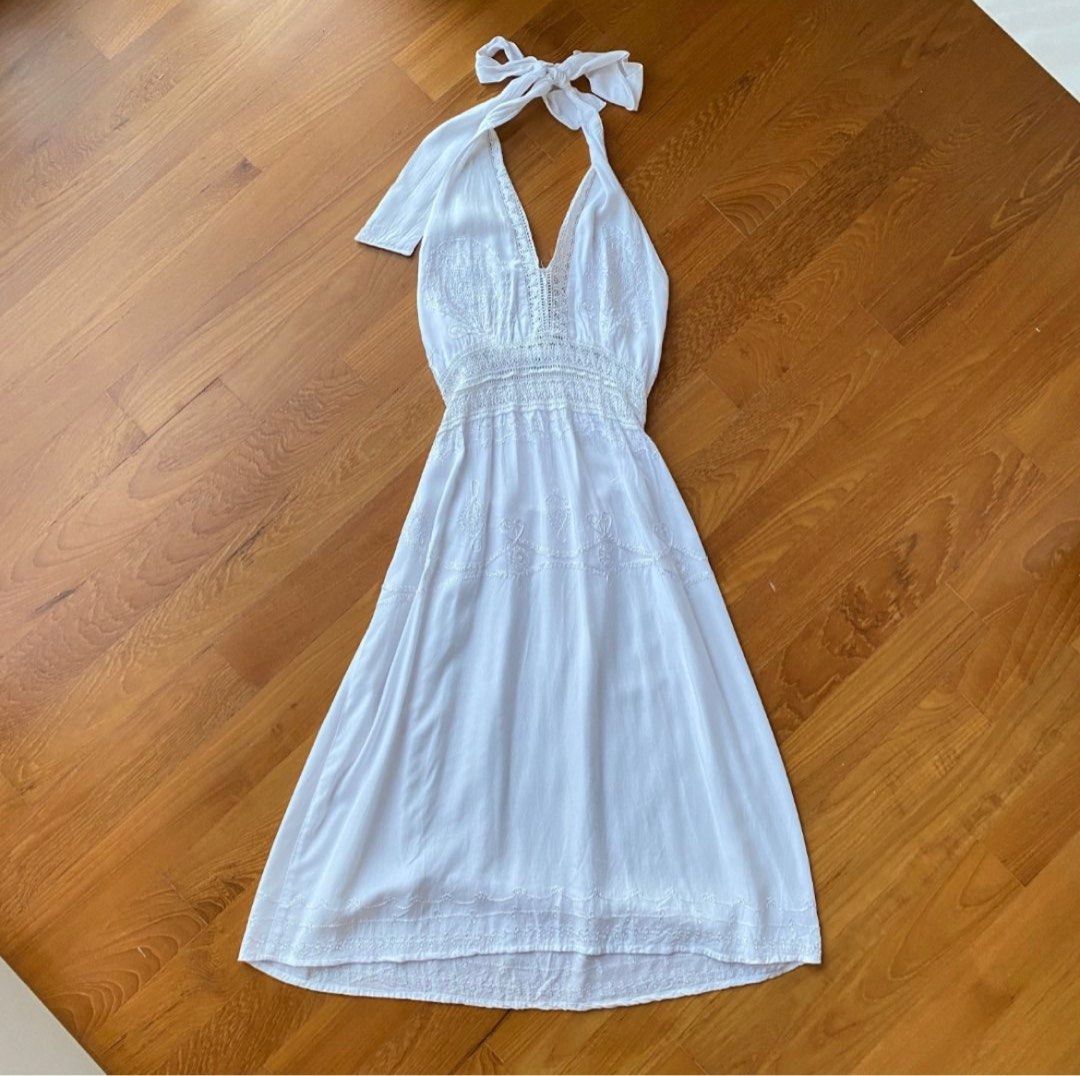 Bohemian Vintage White Halter Neck Ruched Back Embroidered Summer