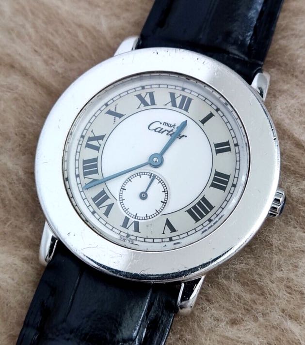 1990s Cartier Ladies Tank Swiss quartz with Black gloss onyx type Dial in 925 Sterling Silver Gilt Vermeil Case with Box