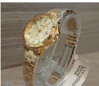Casio LTP V004G 9B Analog Gold Dial Stainless Steel Date Ladies Watch LSG2782