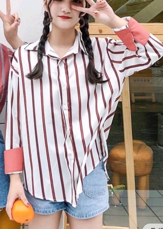 Casual long sleeve striped blouse korean preppy style outer wear