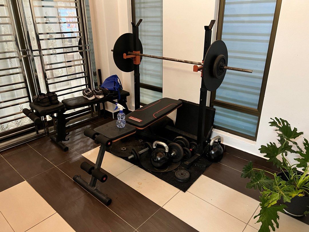 Full set dumbell 50 kg in total ball bench gym mat long bar diy