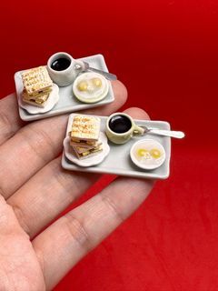 Handmade Miniature Kaya Toast Bread set with black coffee and soft boiled eggs, clay, 1 set