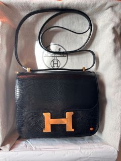 NEW Authentic HERMES Shiny BLACK LIZARD Constance Bag Mini 18cm PHW Silver