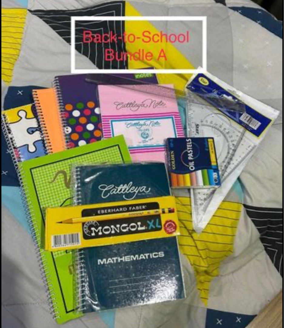 HS Bundle Package (Sets) (Category: Stationery & School Supplies) located in Manila. Submitted by cozzyessentialshopph (Listing ID 1249717906, Image 2). Description: HS Bundle Package Back-to-School Bundle A P399 Inclusions: 6 pcs #2 Mongol pencils 1 set ballpen (red/black/blue) 1 Cattleya math notebook 152mmx216mm (6x8.5) 100sheets 1 Vanda Math notebook 100 sheets 3 advance notebook 200mmx250mm (80LVS) 1 Cattleya Note refill (5pcs) 1 transparent