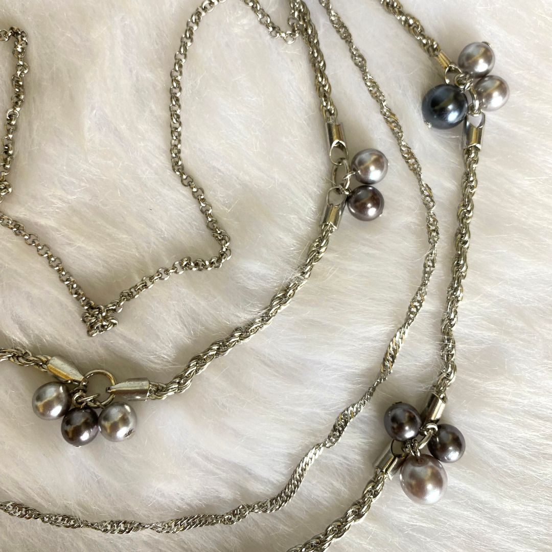 Japan Vintage Silver Tone Chain Pearls Accent Layered Necklace, Women's ...