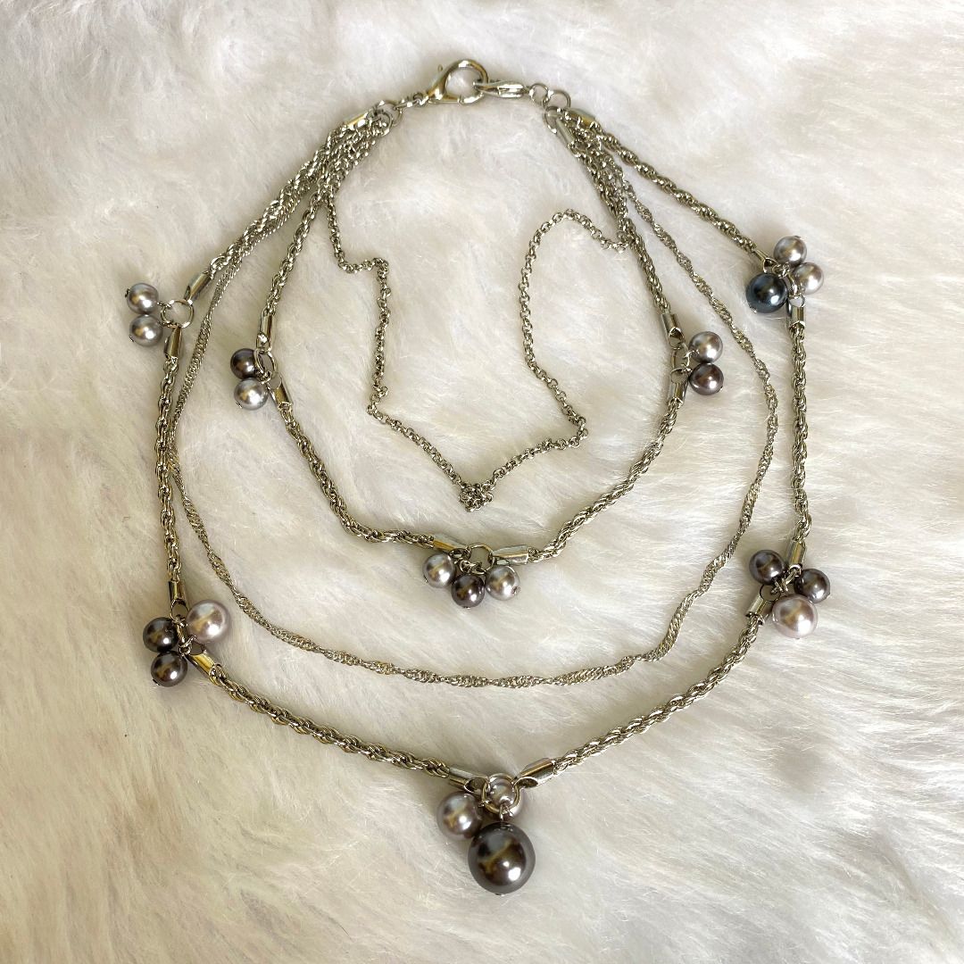 Japan Vintage Silver Tone Chain Pearls Accent Layered Necklace, Women's ...