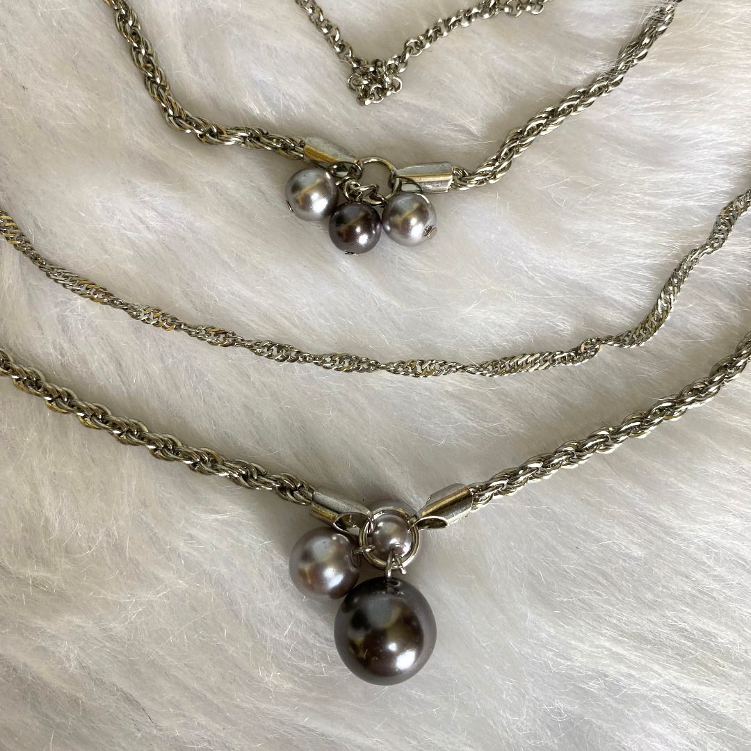 Japan Vintage Silver Tone Chain Pearls Accent Layered Necklace, Women's ...