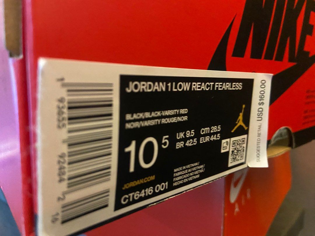 Jordan 1 low react fearless (Category: Sneakers) located in Pasig City. Submitted by manuelking (Listing ID 1249709555, Image 3). Description: Rare pair Bnds 10.5 From us 10k.