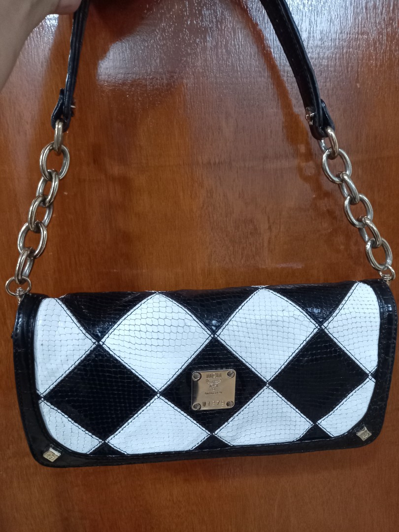 MCM Women's Black and White Croc Embossed Patent Leather Checkered