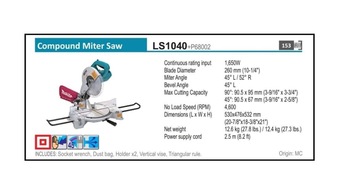 ORIGINAL MAKITA LS1040 COMPOUND MITER SAW WITH BLADE (Category: Construction Tools & Equipment) located in Manila. Submitted by tonpornel (Listing ID 1249698331, Image 1). Description: Ton-Pornel Mercantile • We supply Powertools, Hardware tools, Plumbing, Paints, Electrical and Construction materials • We offer Paint Mixing and Powertools Repair Visit us: 38 Marcos Highway Mayamot, Antipolo City https://maps.google.com/?cid=1384230075759805792&e