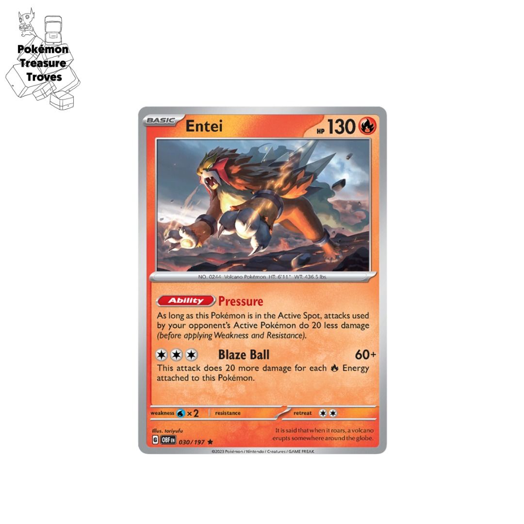 0.80] Pokemon Obsidian Flames Entei Holo Card , Hobbies & Toys, Toys &  Games on Carousell