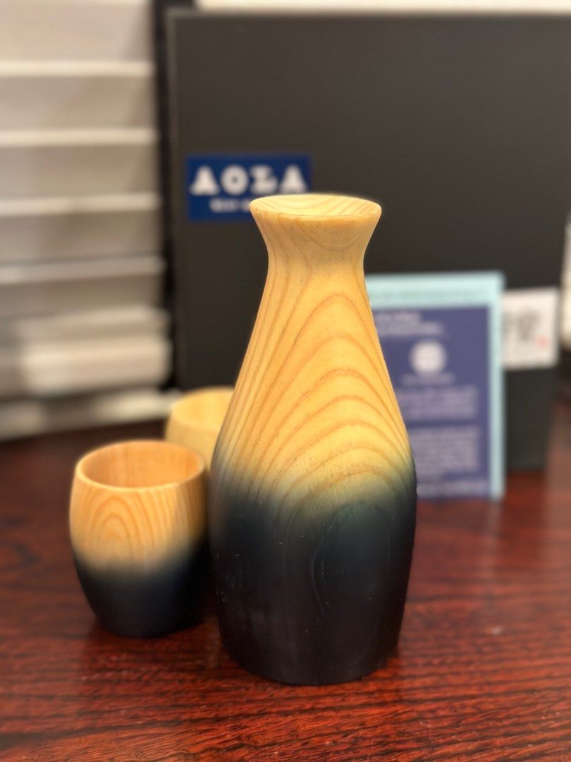 Sake Carafe and sake cups, 100year old hinoki wood and dyed indigo