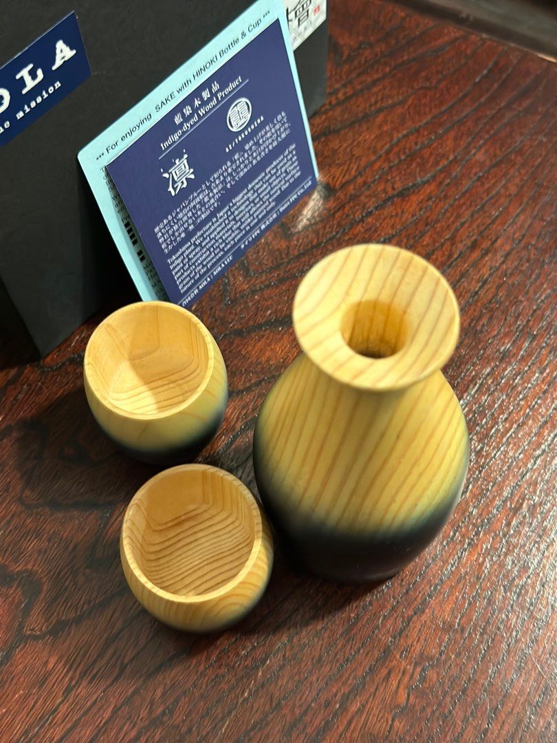Sake Carafe and sake cups, 100year old hinoki wood and dyed indigo