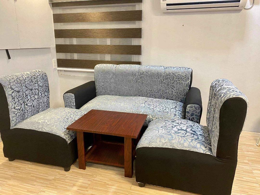 Sala set Light grey velvet sofa with wood table Uratex foam / COD only ...