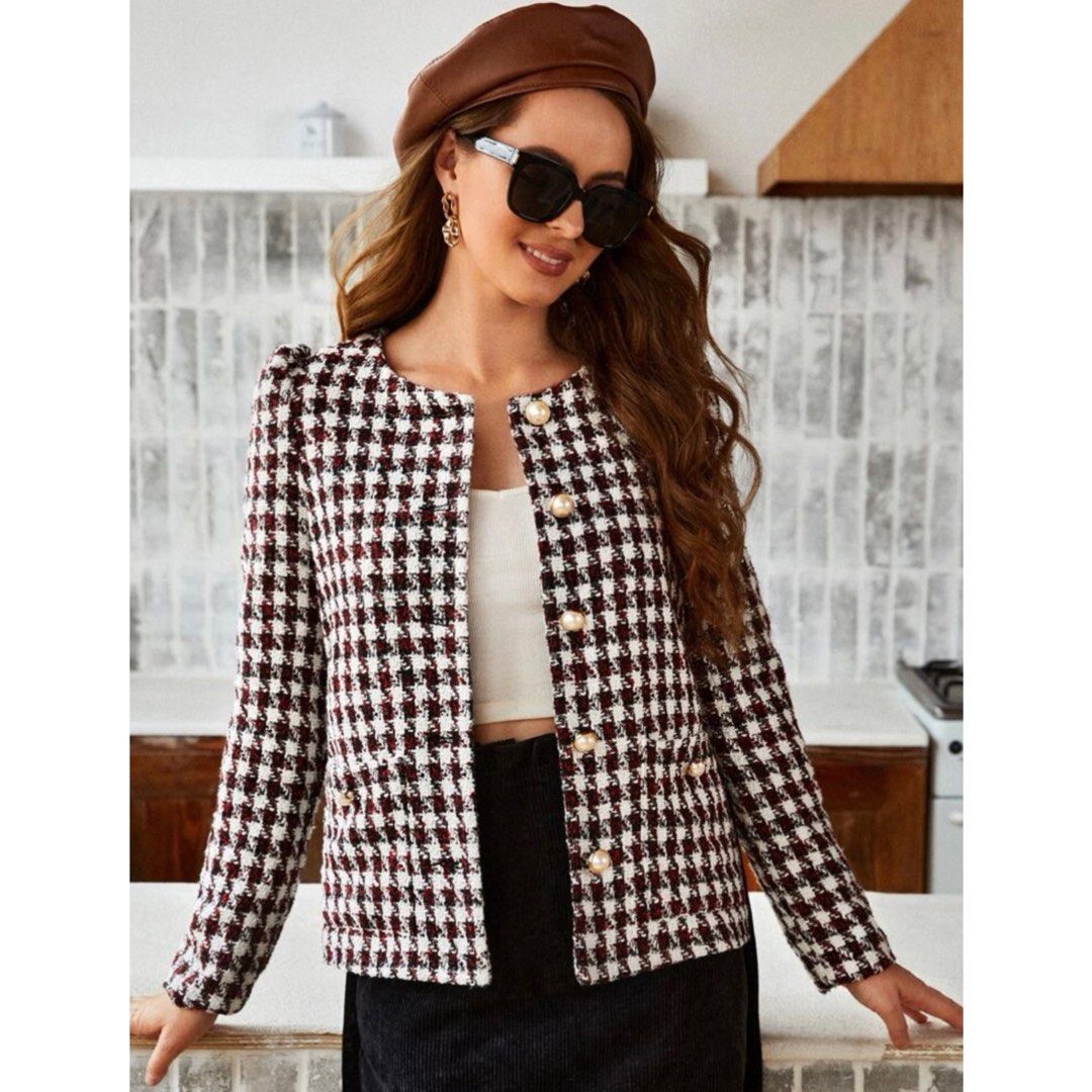 SHEIN Plaid Print Puff SleeveTweed Overcoat Women s Fashion