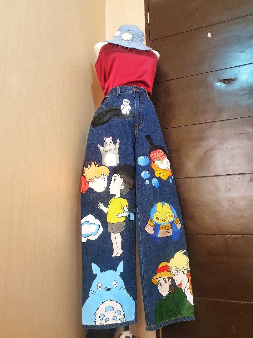 STUDIO GHIBLI CUSTOM HANDPAINTED DESIGN RARE WIDELEG BAGGY DENIM PANTS