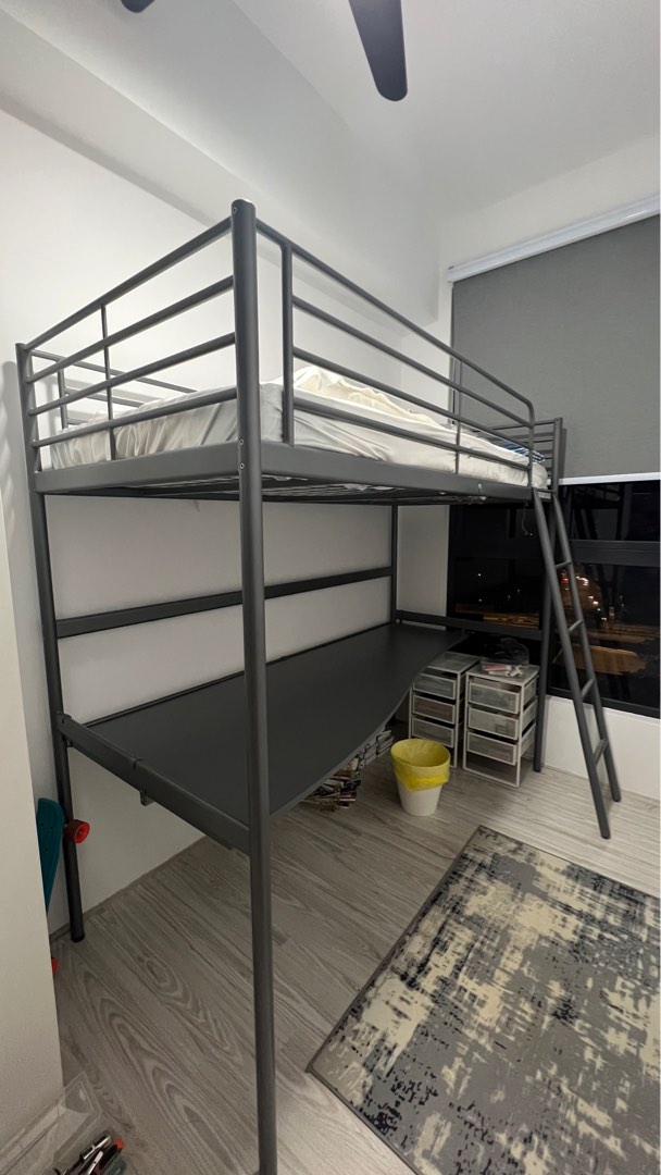 svarta ikea loft bed with table, Furniture & Home Living, Furniture