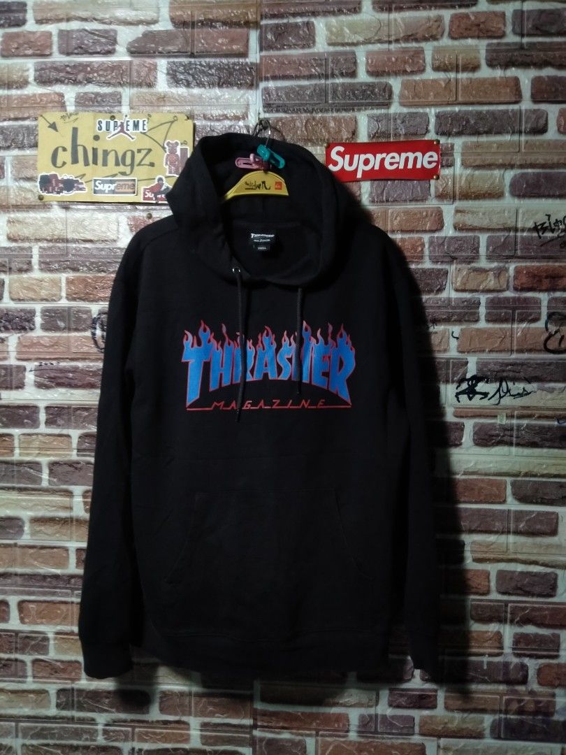Black thrasher hoodie top with blue flames