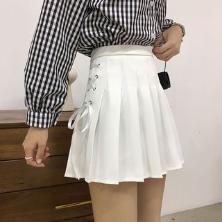 WEGO Coquette Pleated Mini Skirt | Harajuku Cute Korean White Lace Up Ribbon Mini K-pop Tiktok Pleats