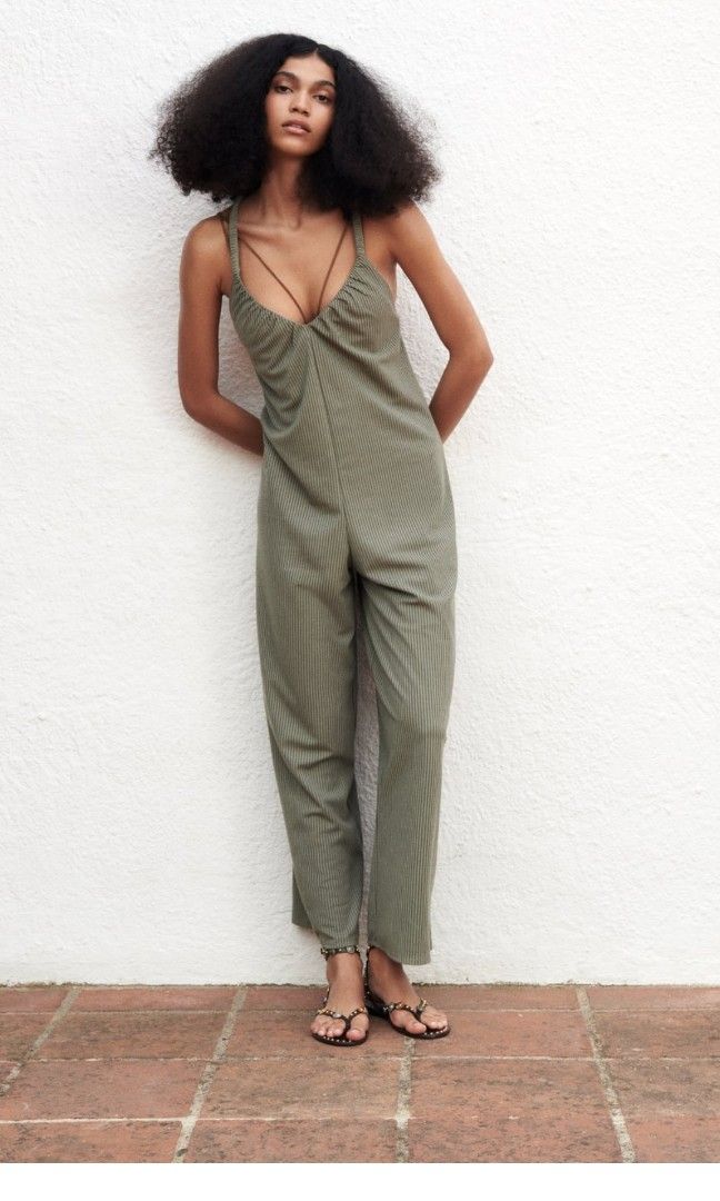 Zara striped jumpsuit cheap