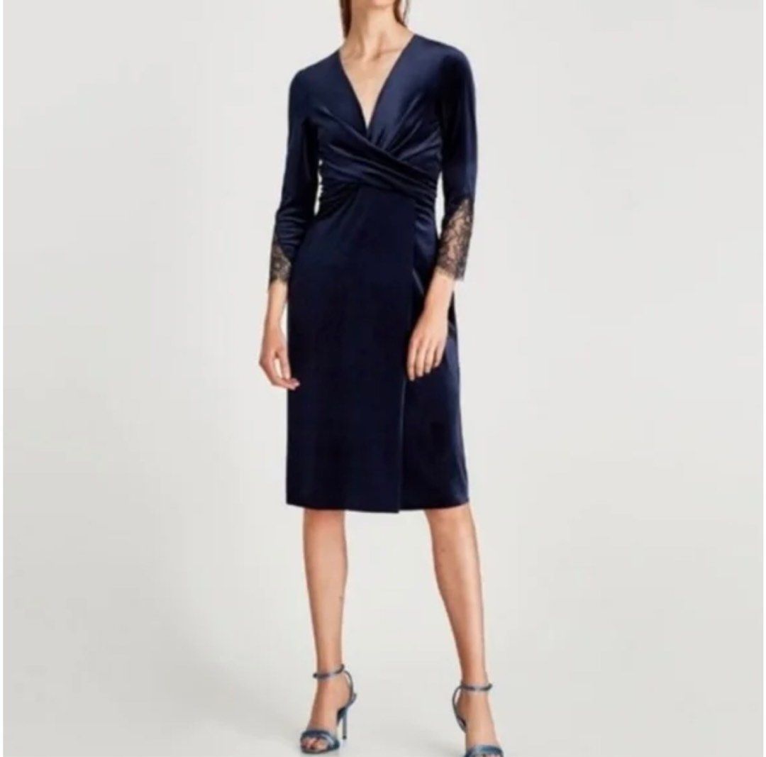 Blue velvet wrap dress zara online