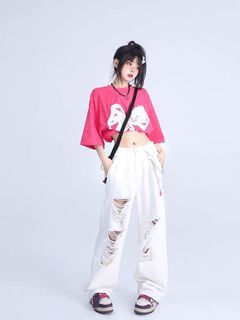 白色鬆緊腰圍多破洞牛仔褲