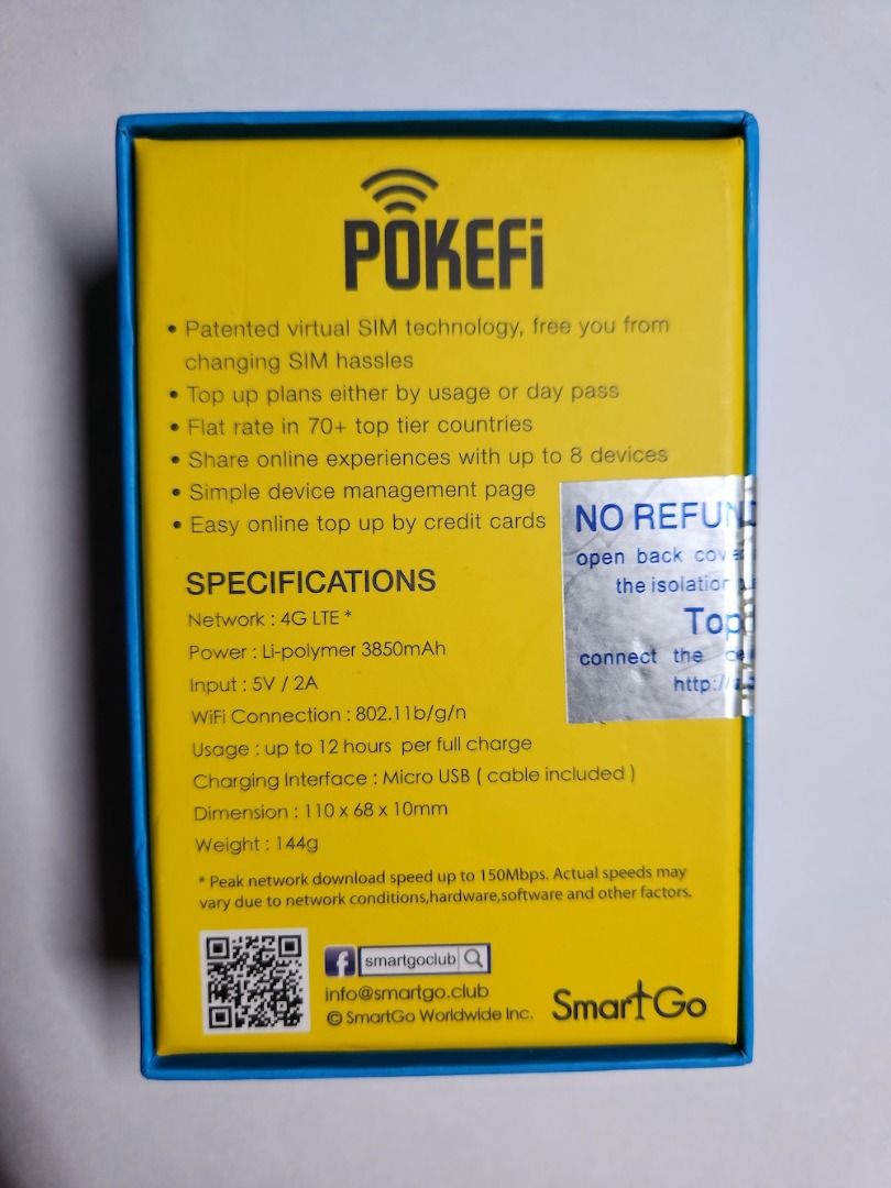 全新未開封SmartGo Pokefi wifi蛋4G 全球包5GB data, 手提電話, 其他