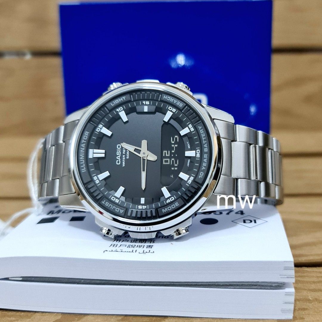 Analog Digital Combination AMW 880D 1A stainless steel 50m men s ten years battery led light telememo 30 watch brand new