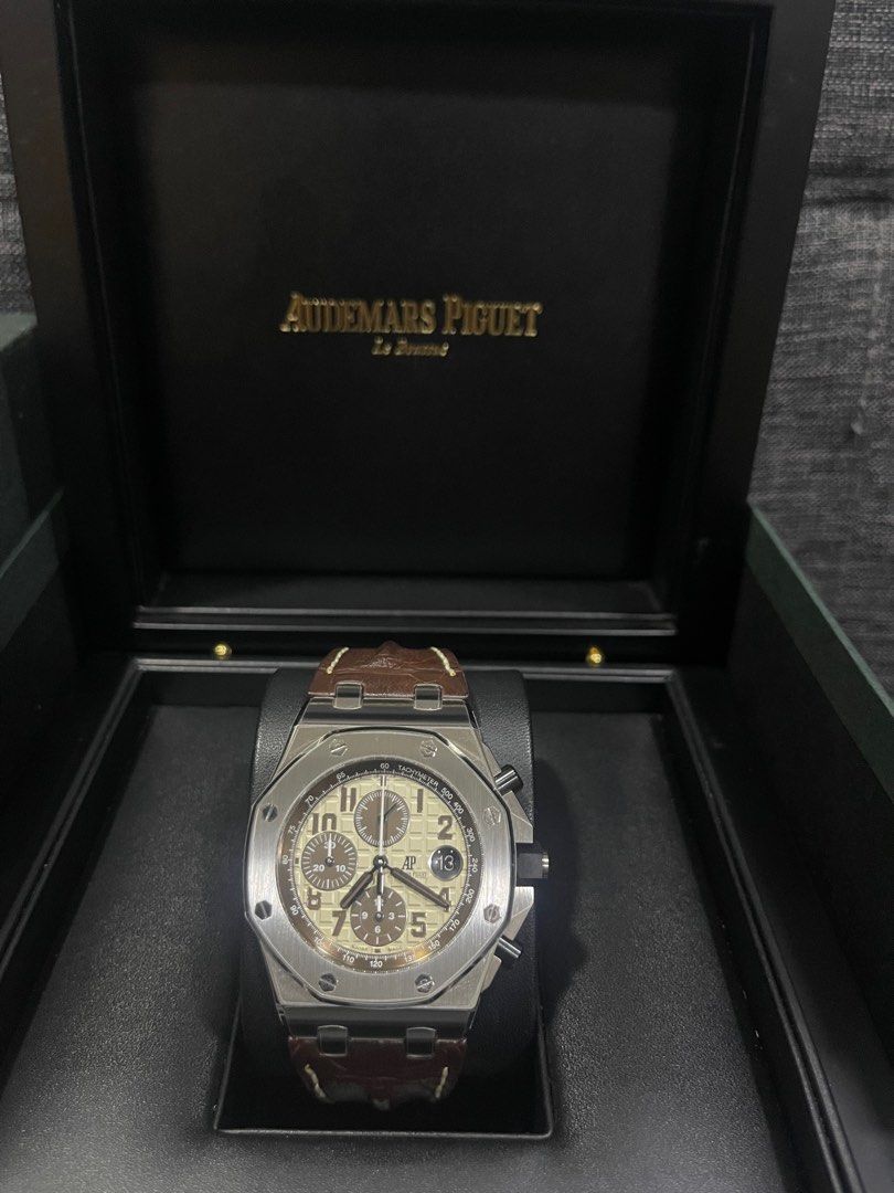 Audemars Piguet Royal Oak Offshore Chrono Safari (26470ST.OO.A801CR.01) (Category: Watches) located in Singapore. Submitted by desssy (Listing ID 1249891898, Image 1). Description: *NO LOWBALLER* *NON-NEGOTIABLE* AP ROO Safari Chrono This watch was previously purchased from Japan AP boutique back in 2015. Protected with luxe armour protection film since day 1. Condition is good as new because I hardly wear it, but always under good care such as i