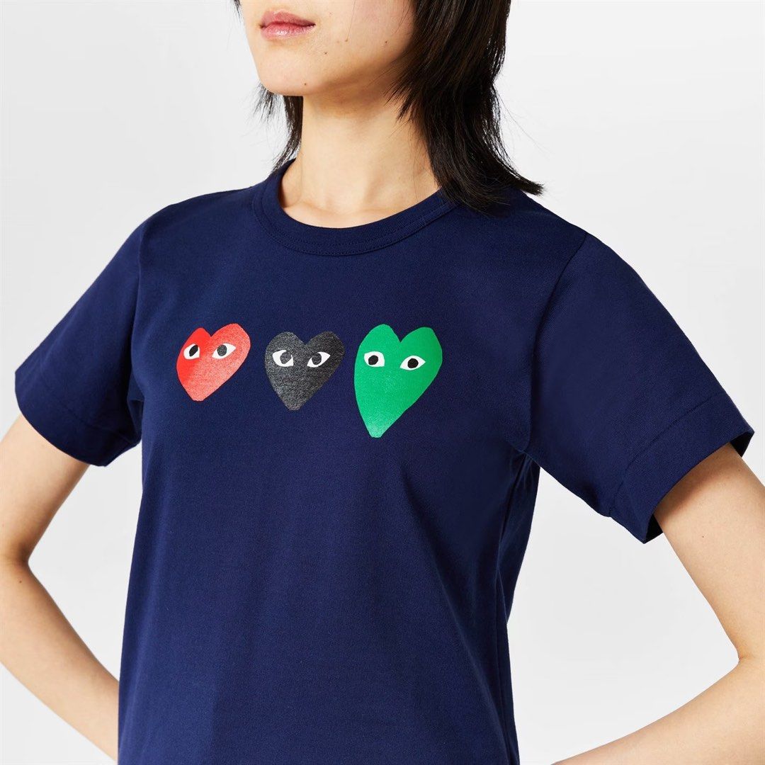 COMME DES GARCONS PLAY TRIPLE HEART LOGO NAVY TEE Women s Fashion Tops Shirts on Carousell