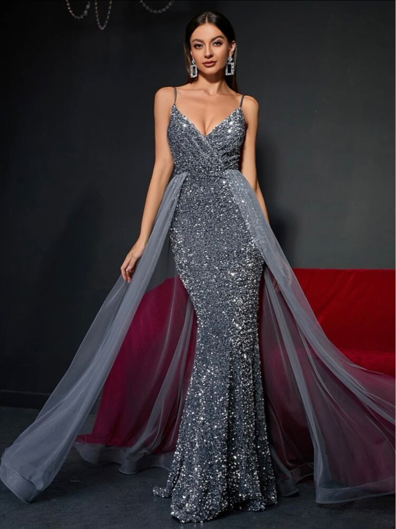 Dark Grey Silver Sequin Evening Gown Dress Women s Fashion